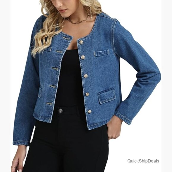 Denim Jacket Collarless Long Sleeve Button Down Cropped